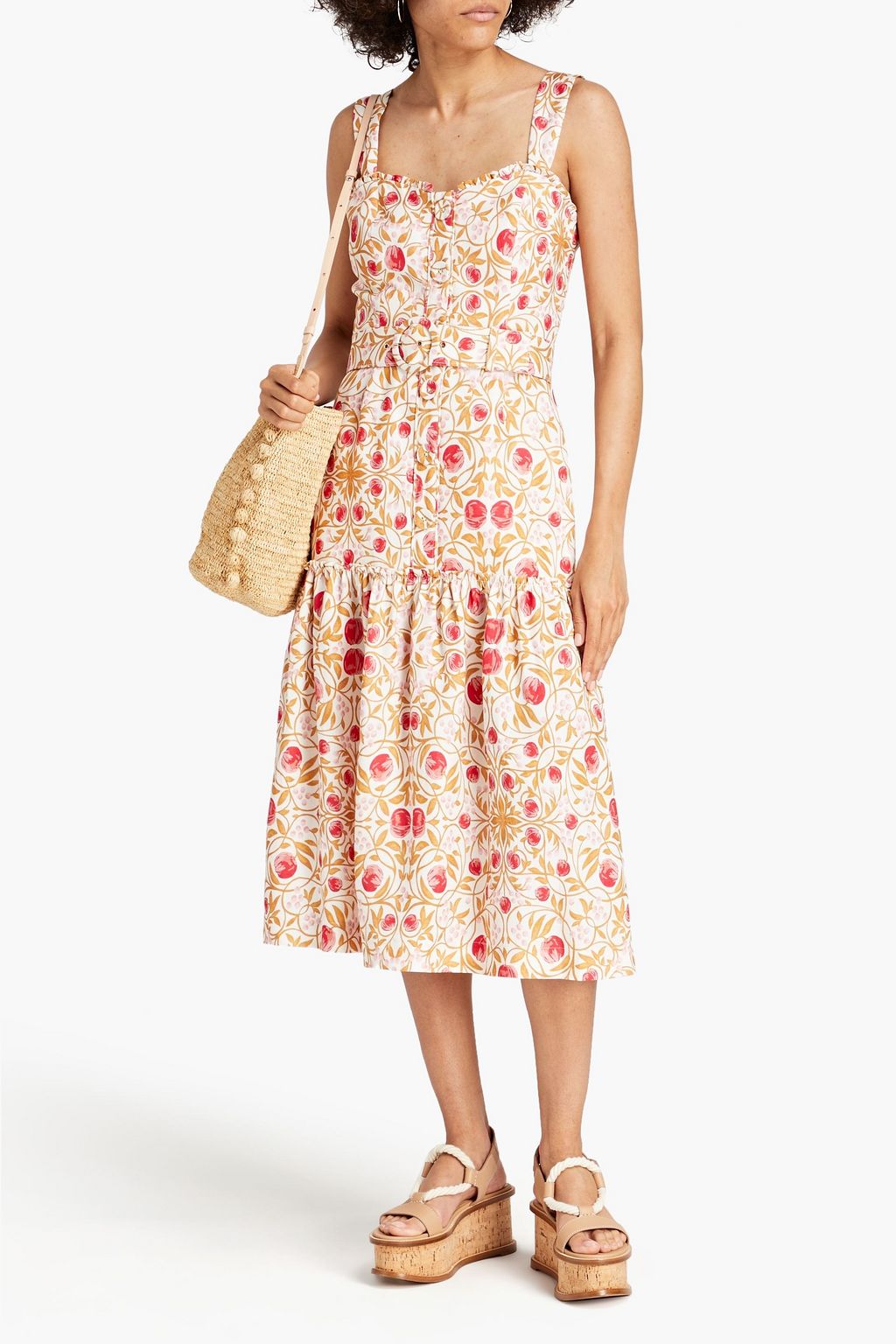 REBECCA VALLANCE Belted printed linen-blend midi dress | THE OUTNET