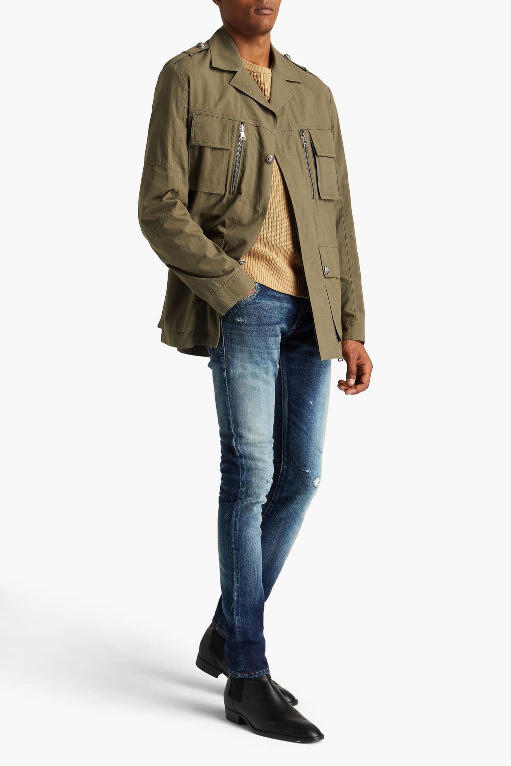 BALMAIN Slim-fit distressed faded denim jeans