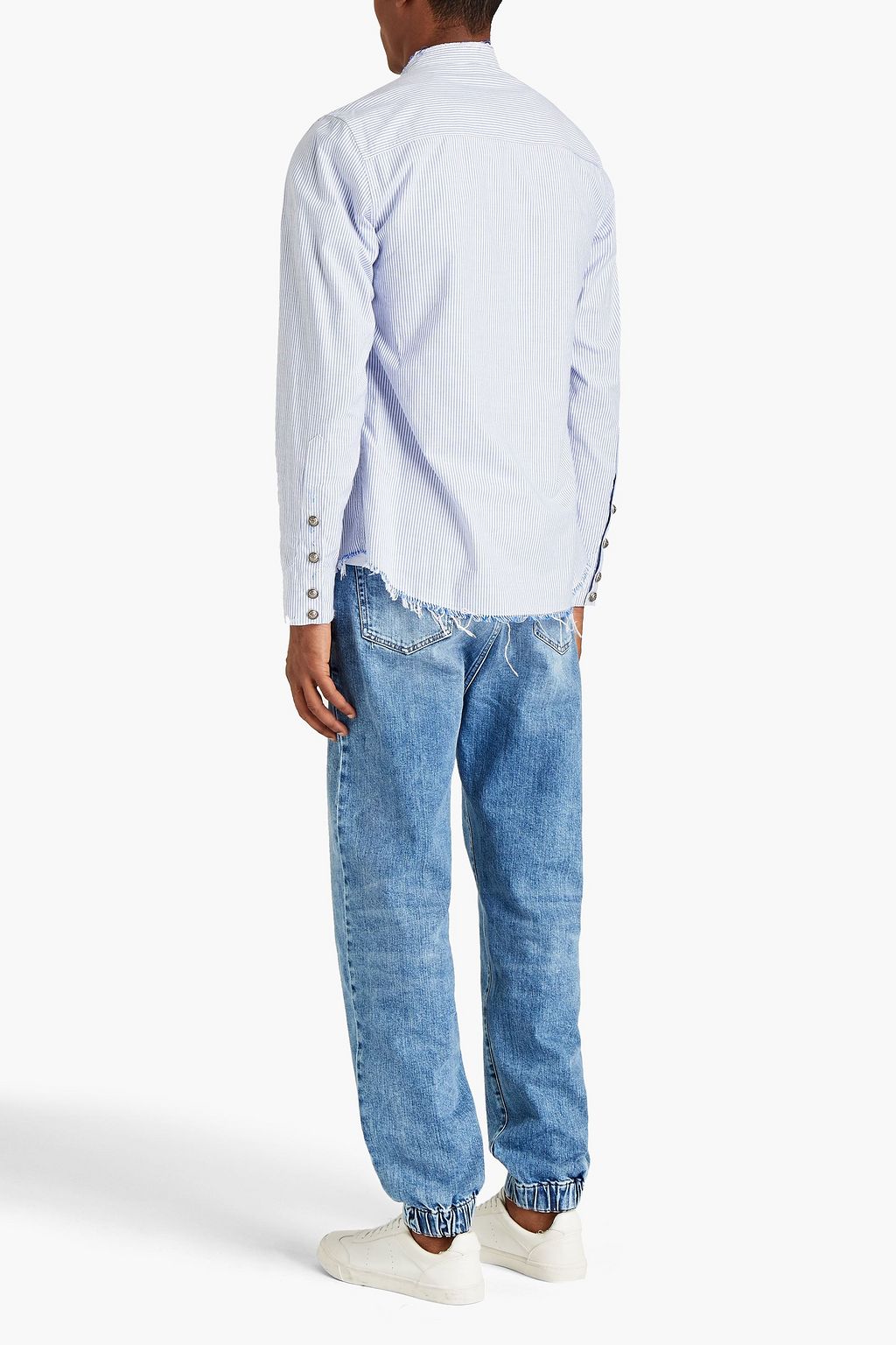 BALMAIN Frayed distressed striped cotton shirt