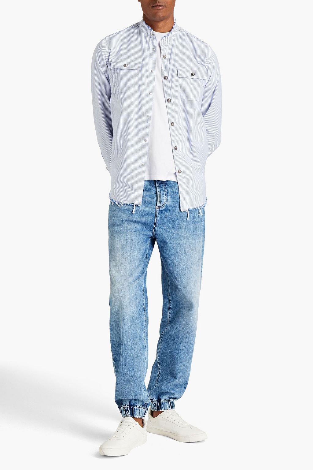 BALMAIN Frayed distressed striped cotton shirt