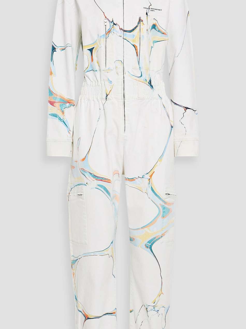 printed denim jumpsuit