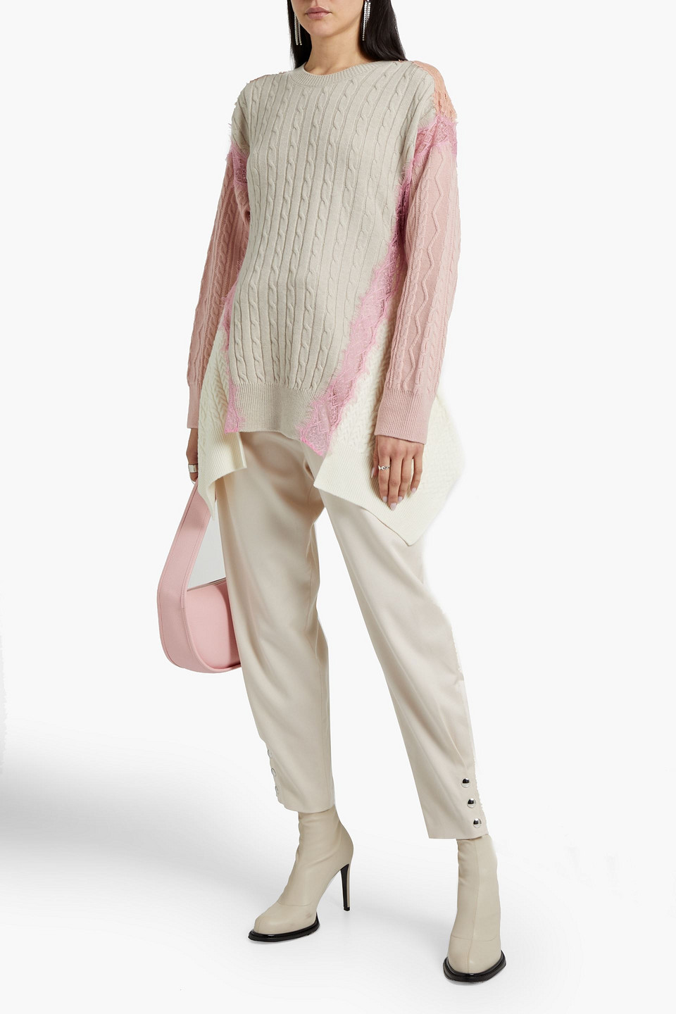 Stella Mccartney Lace-trimmed Cable-knit Wool Sweater In Beige