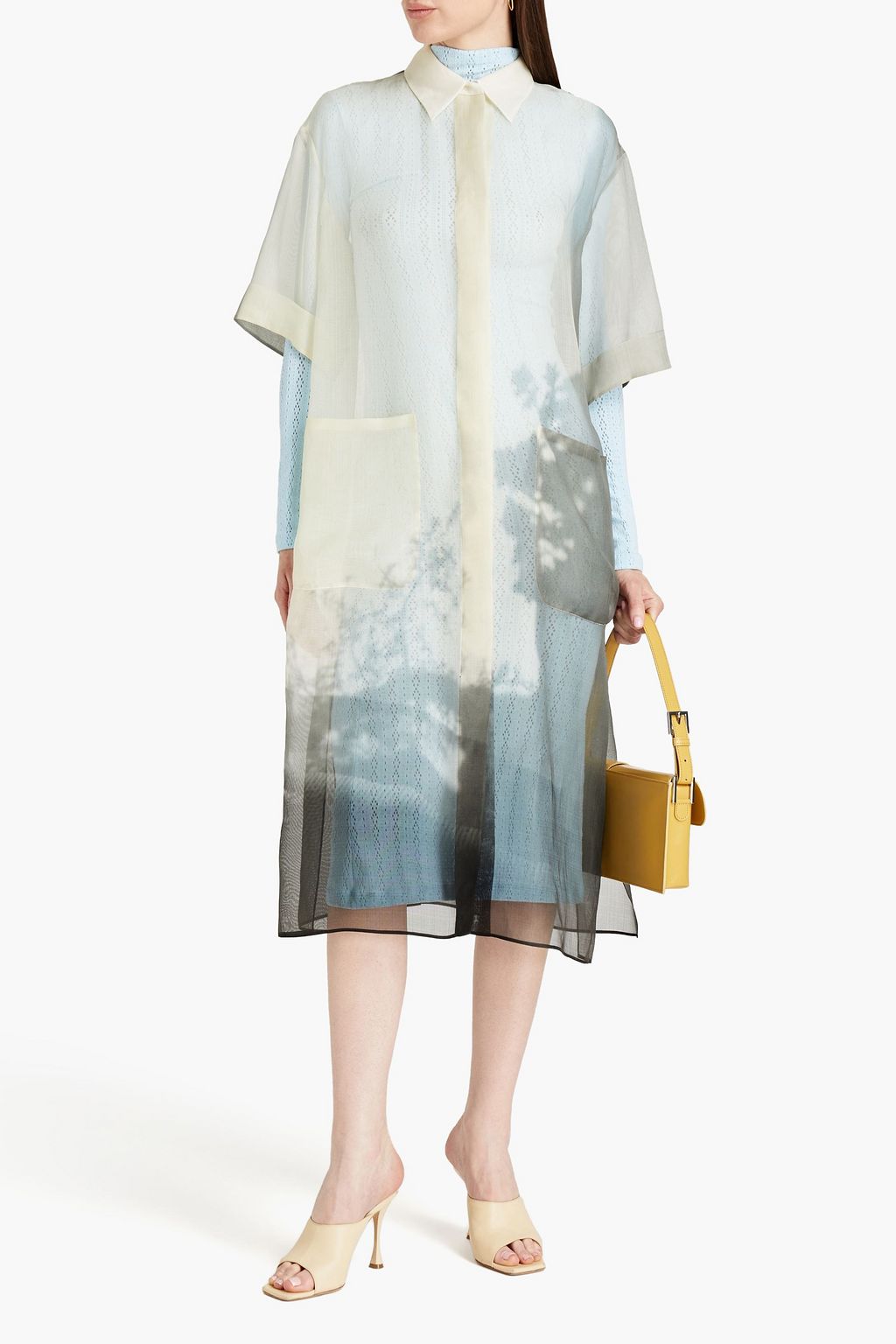 FENDI Hemdkleid in Midilänge aus Pointelle-Strick mit Seidenorganza-Einsätzen
