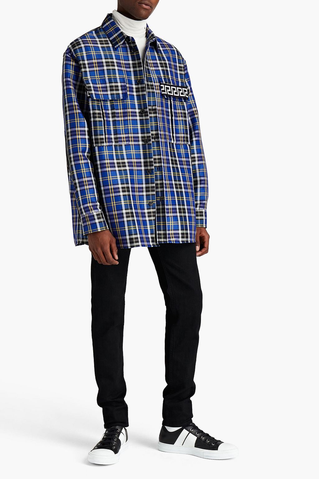 VERSACE Appliquéd checked wool-blend flannel shirt