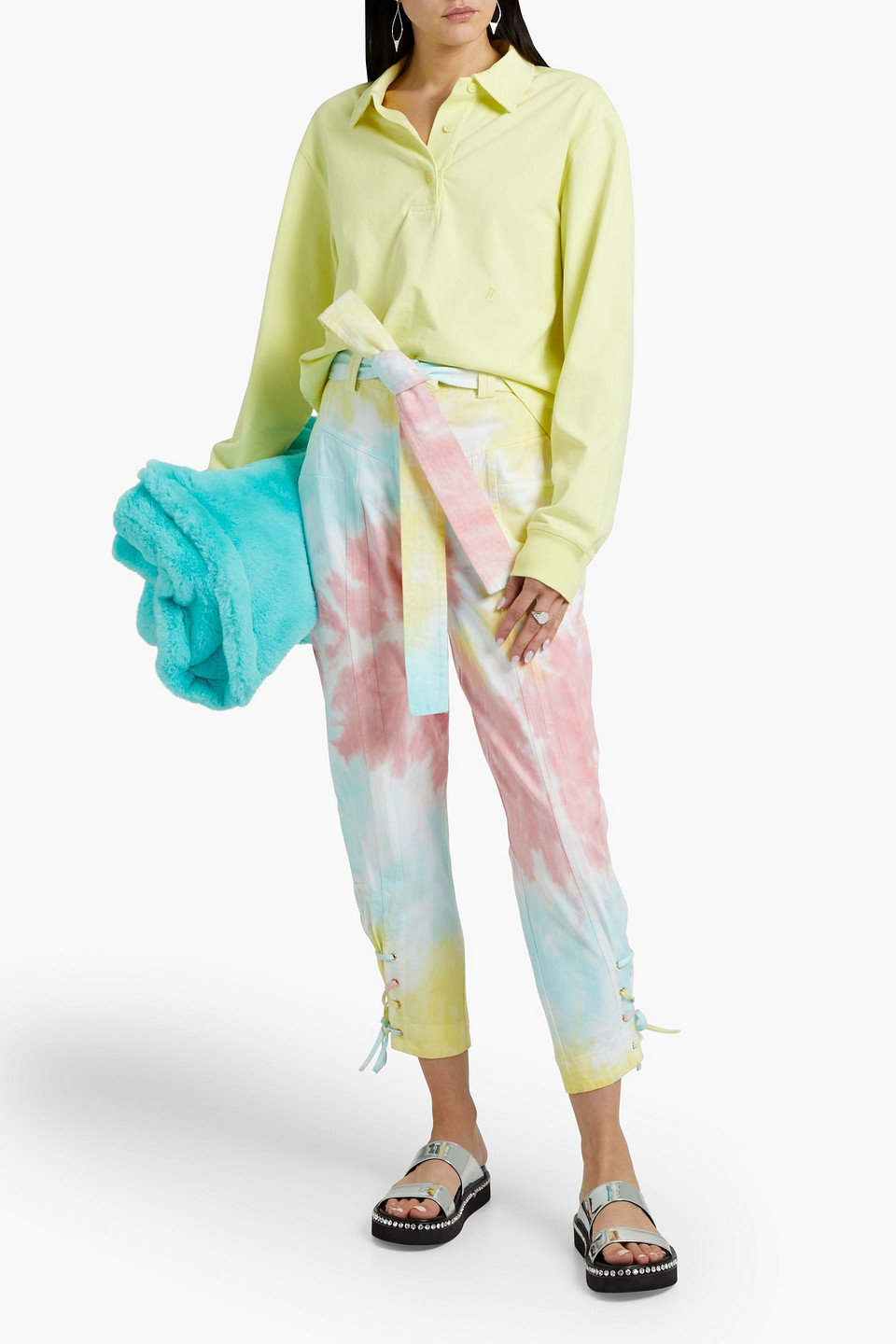 Loveshackfancy Tao Cropped Belted Tie-dyed Cotton-blend Twill Tapered Pants In Multicolor