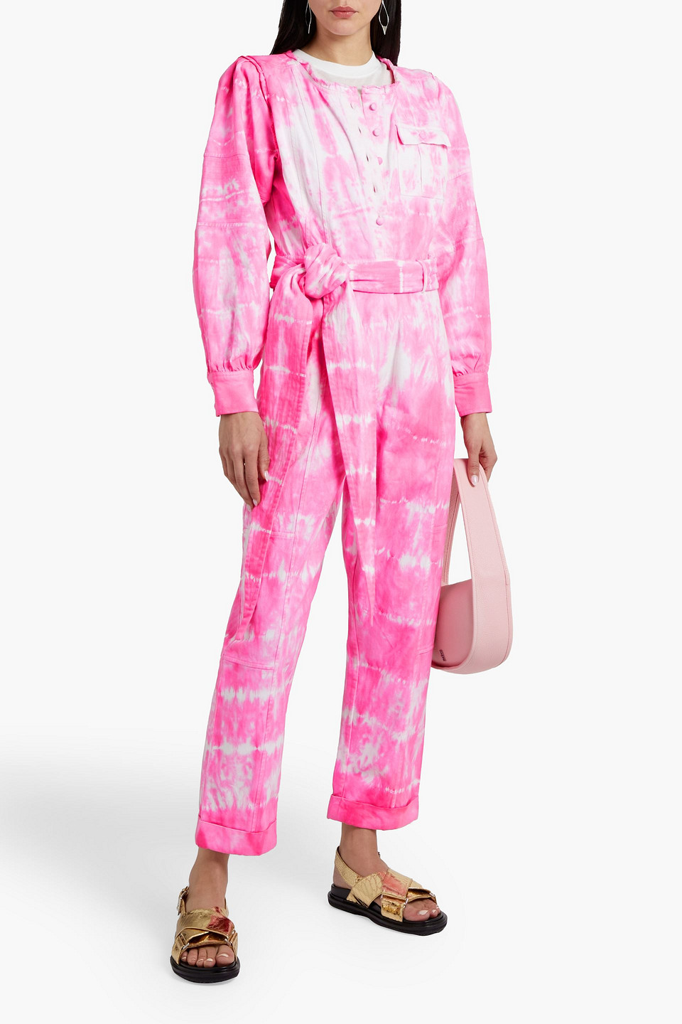 Shop Loveshackfancy Paca Tie-dyed Belted Denim Jumpsuit In Pink