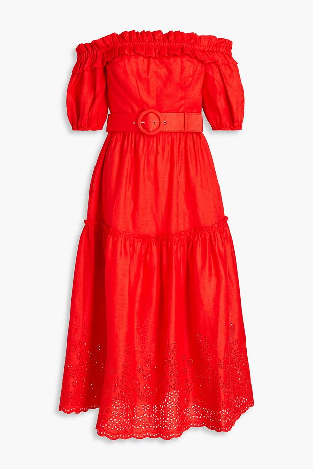 Portia off-the-shoulder broderie anglaise-trimmed linen midi dress