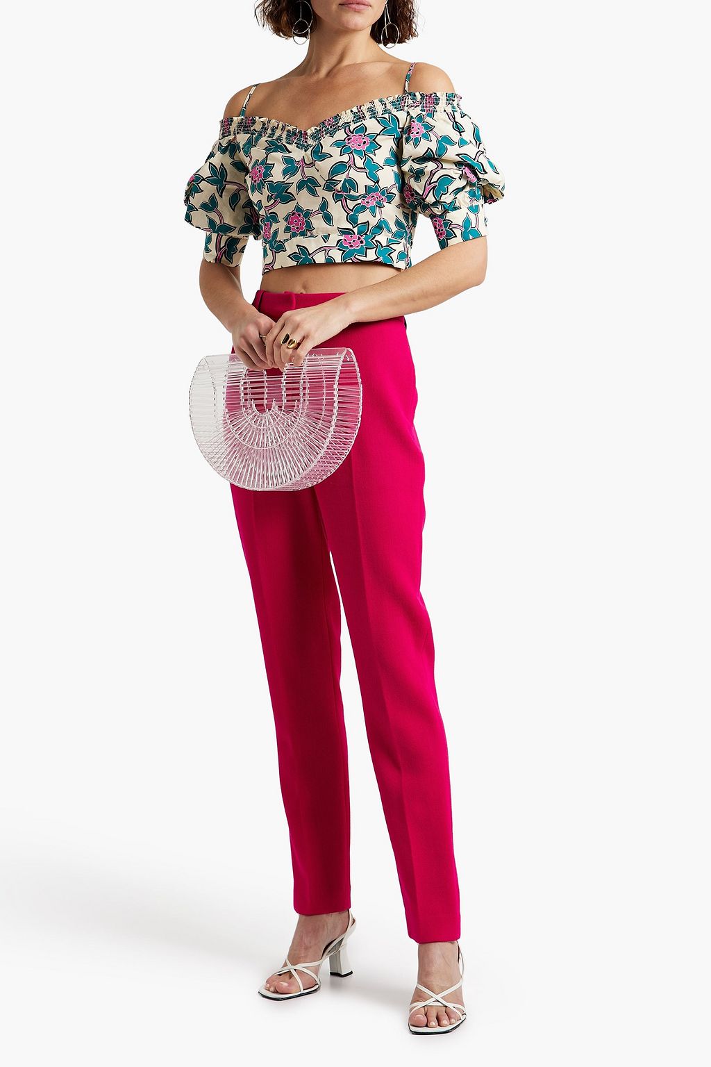 DIANE VON FURSTENBERG Margaret 콜드 숄더 플로럴 프린트 코튼 포플린 탑