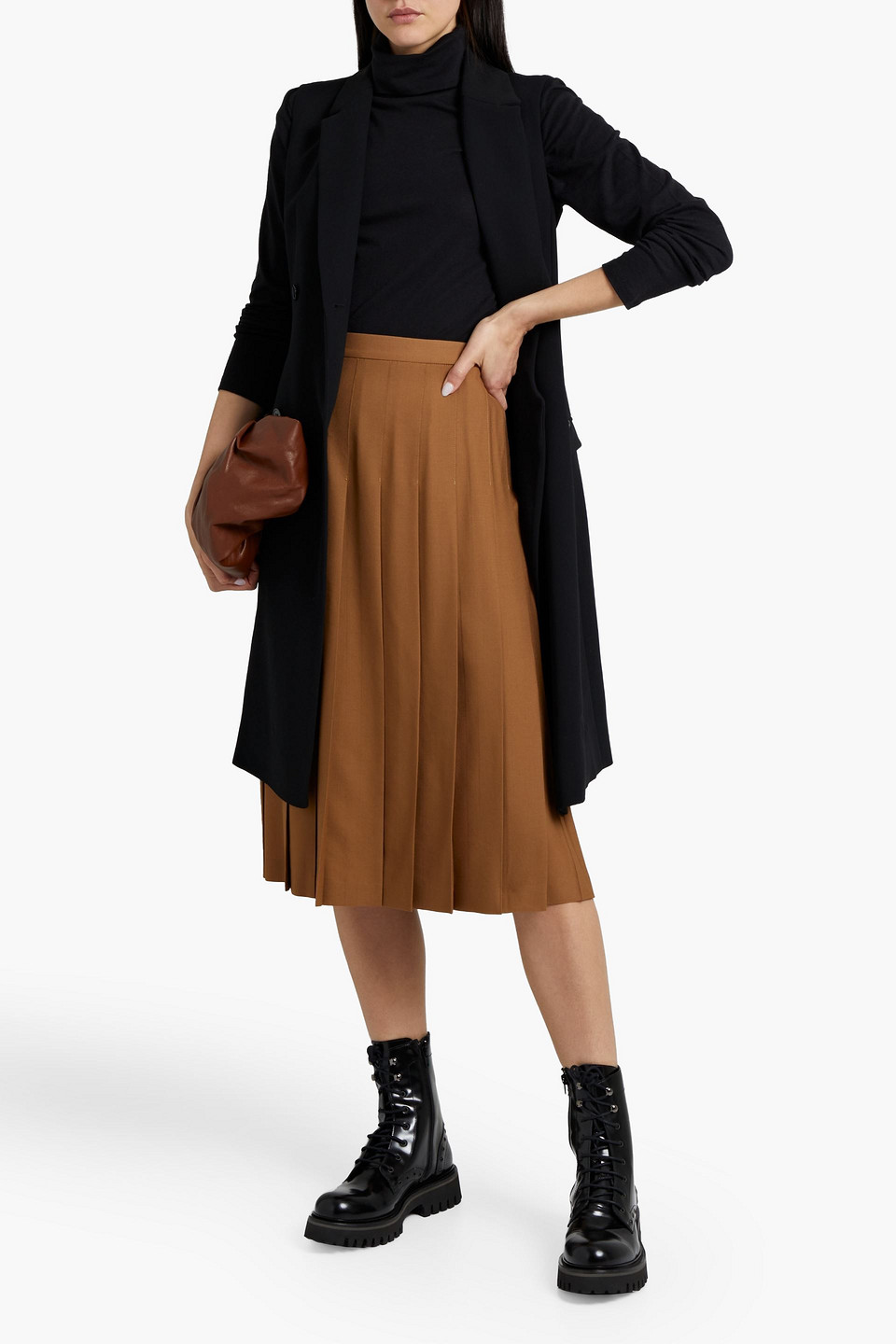 Sunspel Pleated Grain De Poudre Wool Skirt In Light Brown