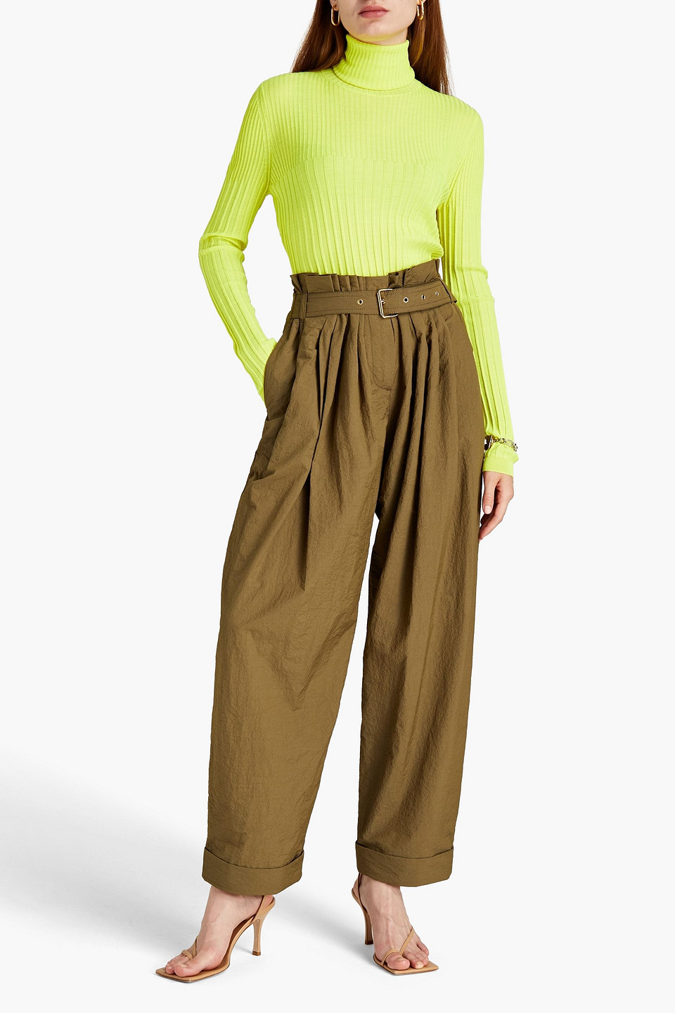 Balmain Neon Ribbed-knit Wool Turtleneck Sweater In Green