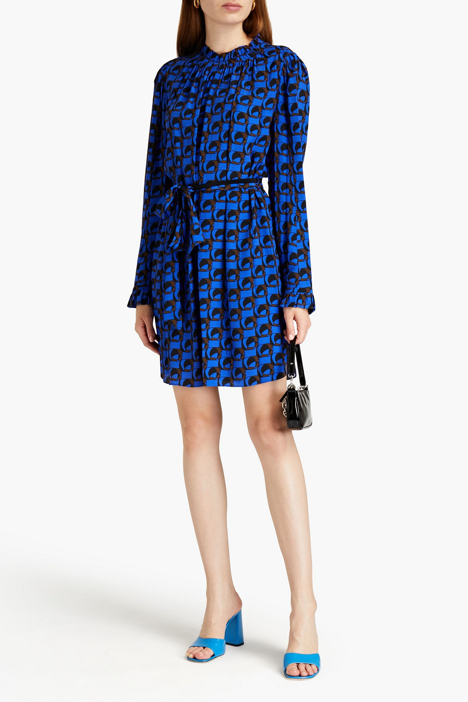 dvf tie front mini dress Diane Von Furstenberg Tie-front Printed Crepe De Chine Mini Dress In Cobalt  Blue