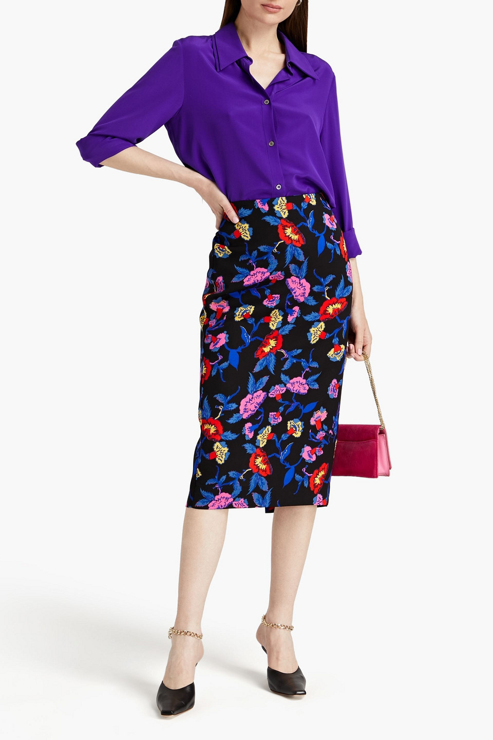 Diane Von Furstenberg Kara Floral-print Crepe Midi Pencil Skirt In Black