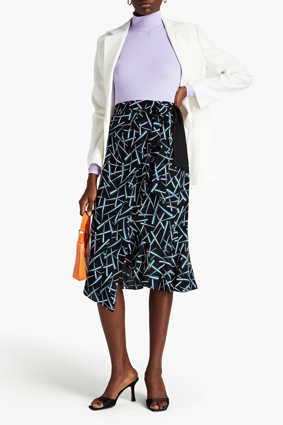 Diane Von Furstenberg Reem Ruffled Printed Crepe Midi Skirt In Black