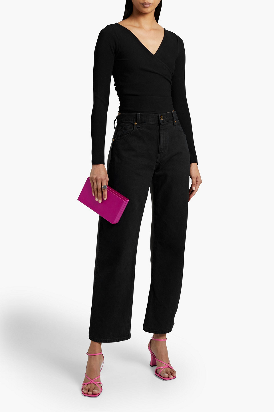 Alice And Olivia Antonia Cropped Stretch-knit Wrap Top In Black