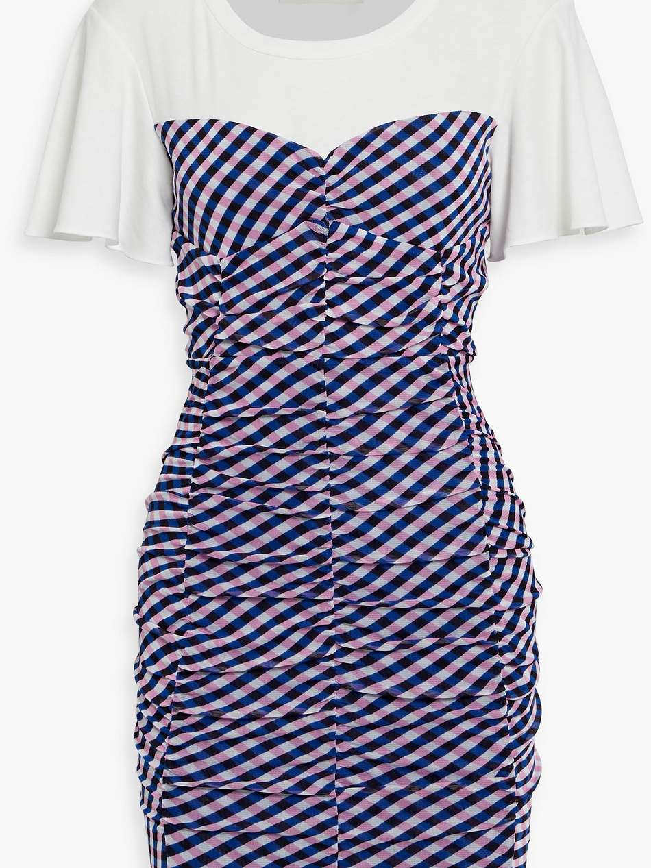 annalise ruched gingham mesh and cotton-jersey mini dress