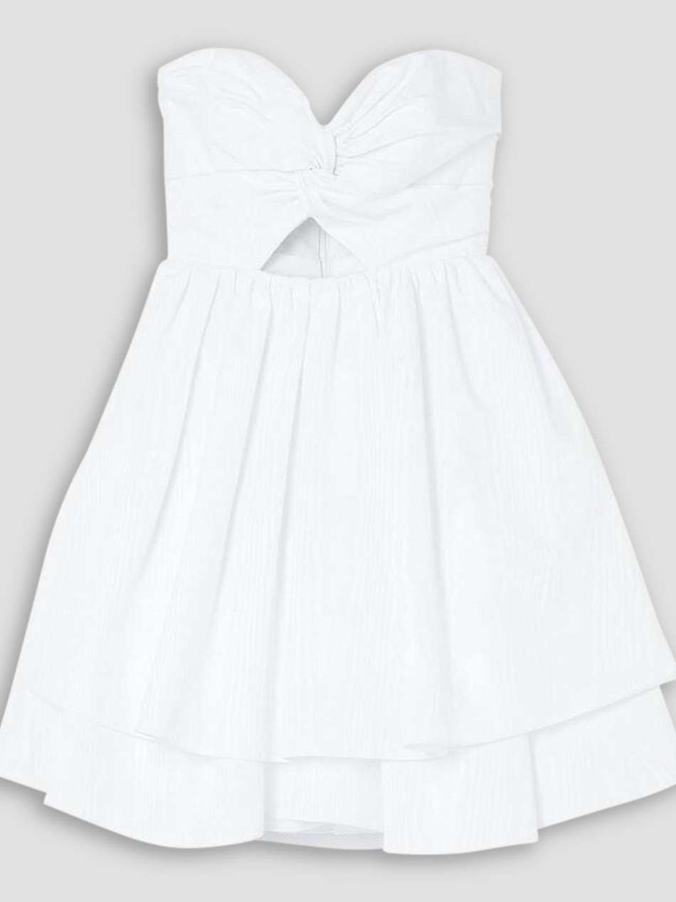 strapless tiered ruffled cutout moire-taffeta mini dress