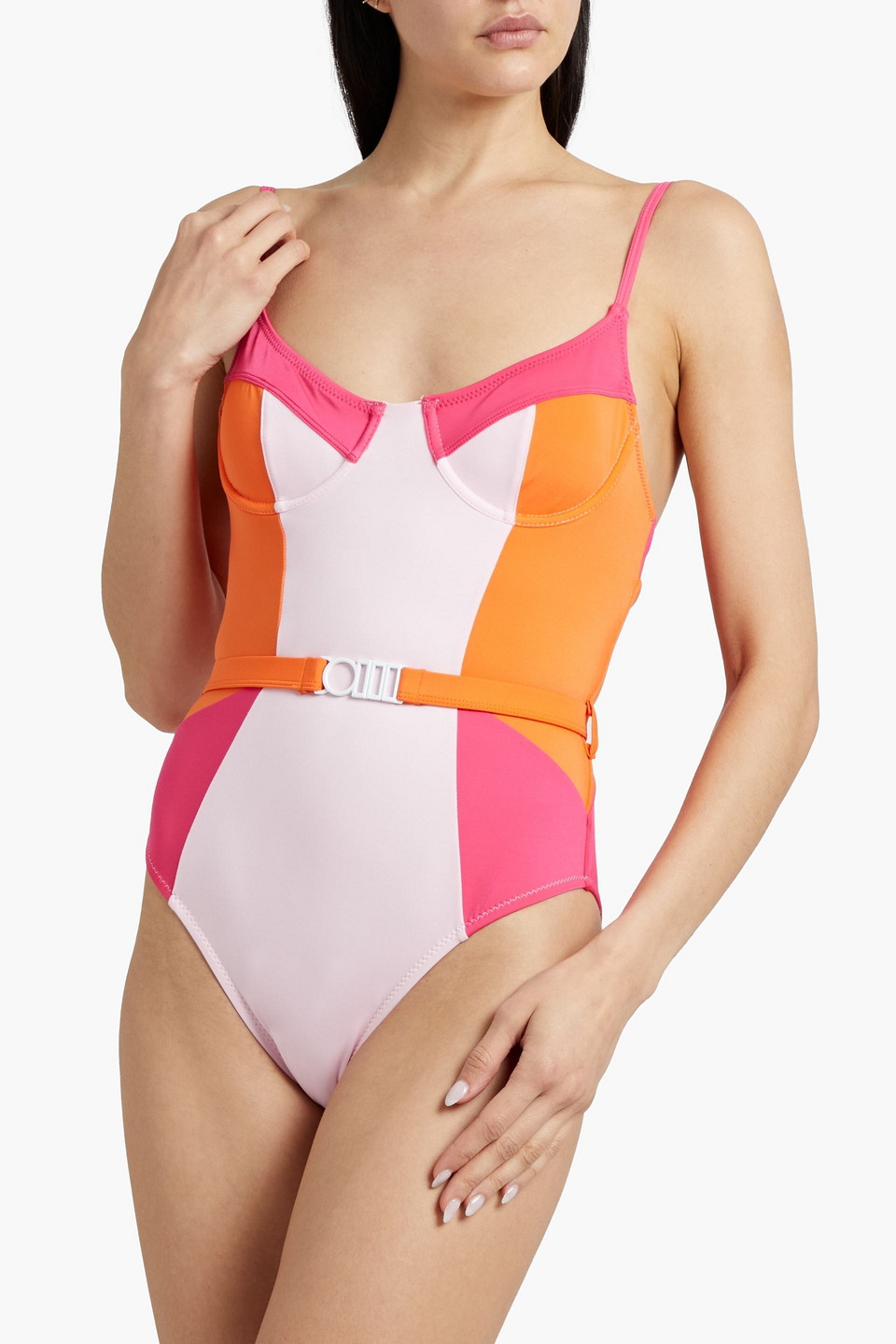 Shop Solid & Striped The Spencer Belted Color-block Swimsuit In Pastel Pink