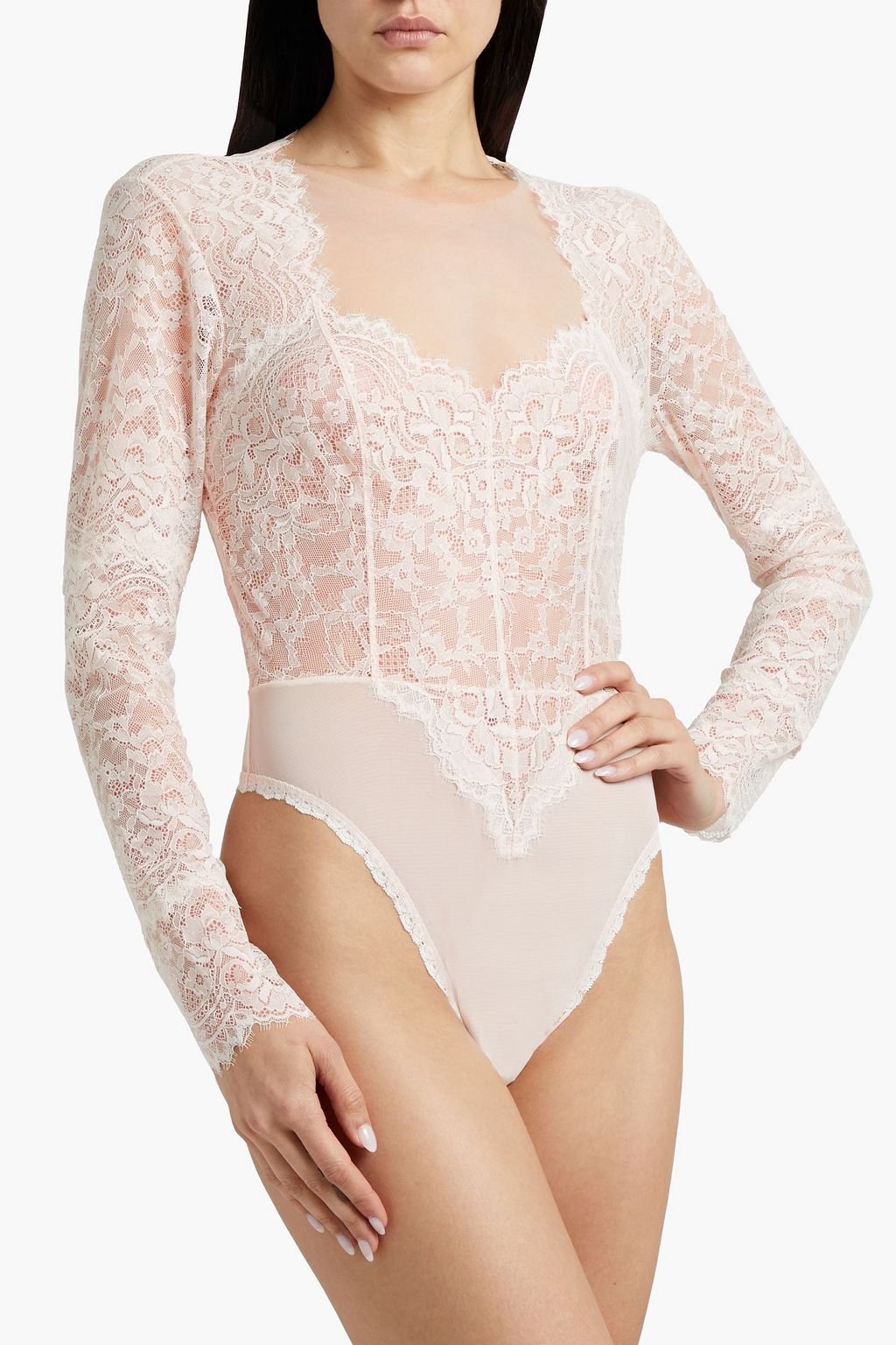 MONIQUE LHUILLIER X HANKY PANKY Tulle-paneled Chantilly lace bodysuit