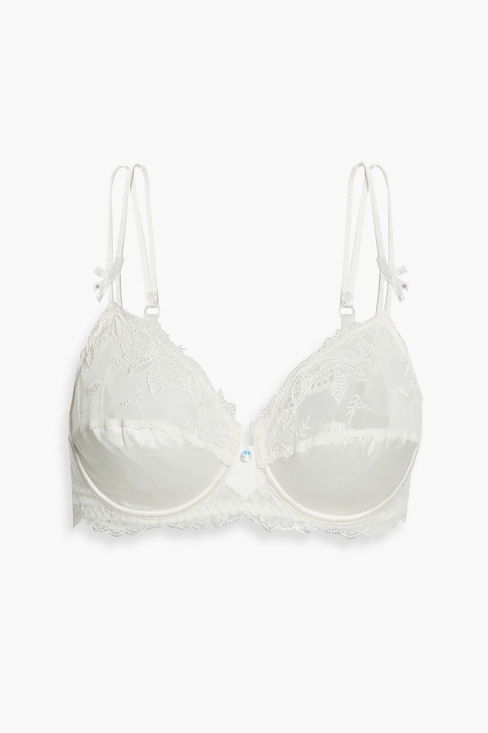 Embroidered lace-trimmed stretch-tulle and satin balconette bra