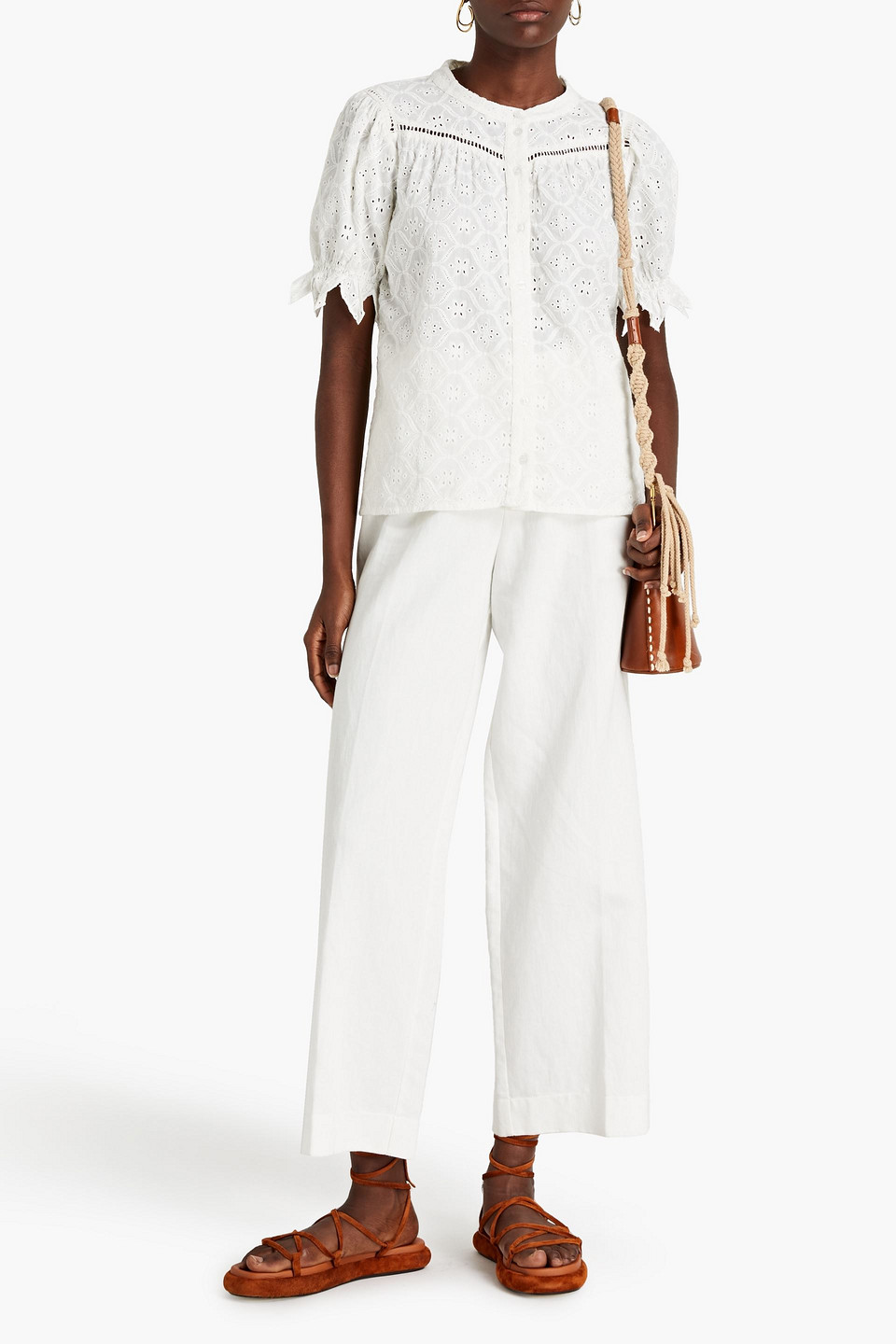 Ba&sh Gathered Lattice-trimmed Broderie Anglaise-cotton Shirt In Ivory