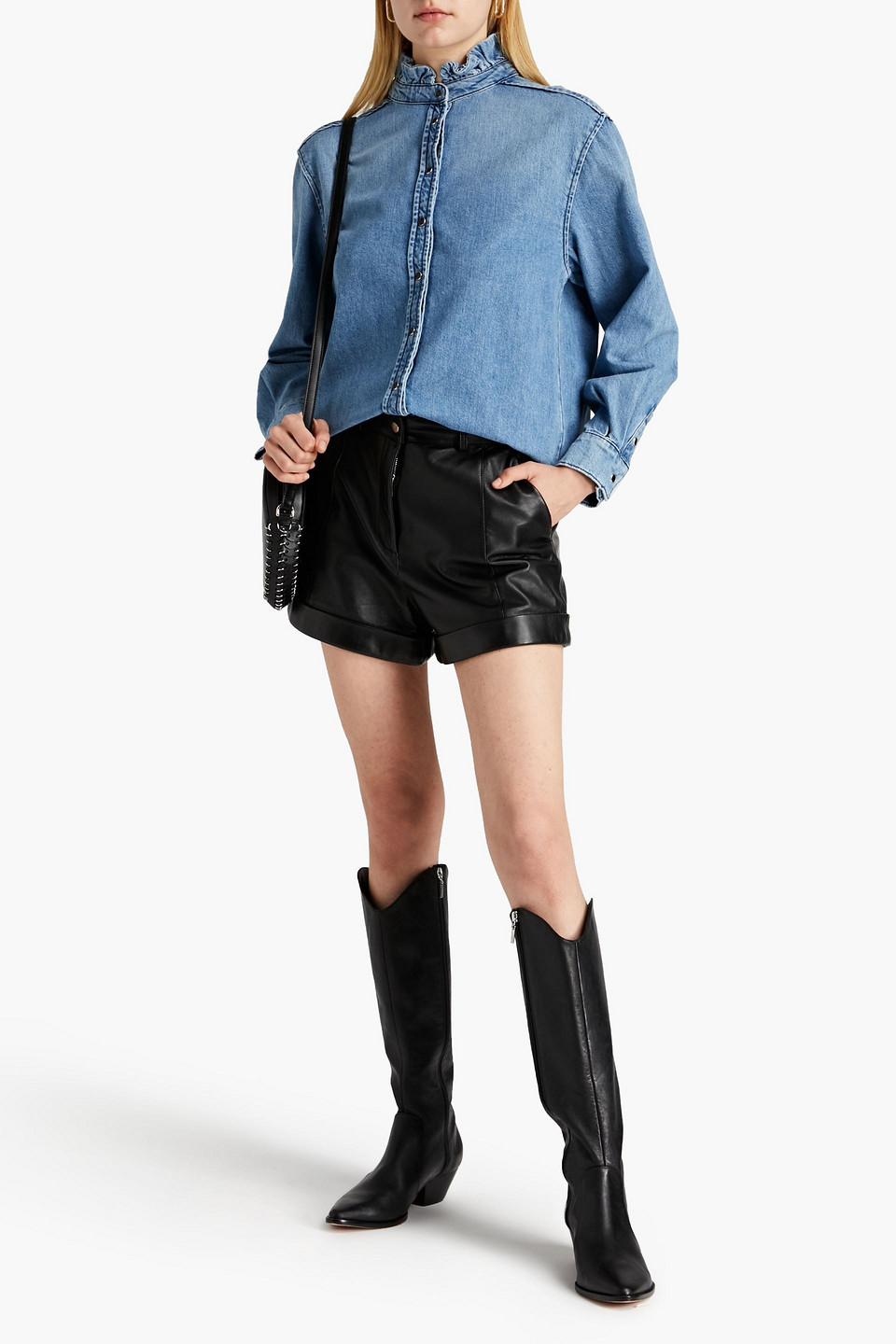 Ba&sh Shin Ruffle-trimmed Pleated Denim Shirt In Light Denim