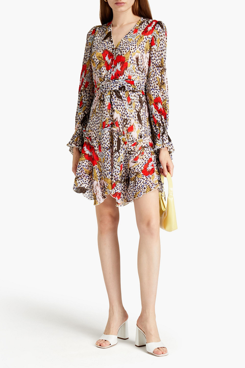 Diane Von Furstenberg Kacie Floral-print Plissé-chiffon Mini Dress In Pastel Pink