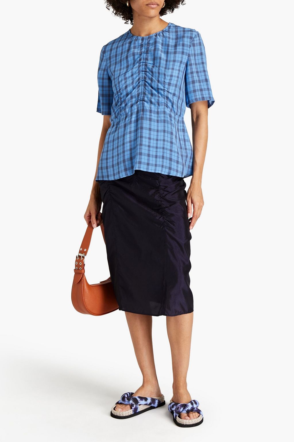 ACNE STUDIOS Ruched gingham taffeta peplum top