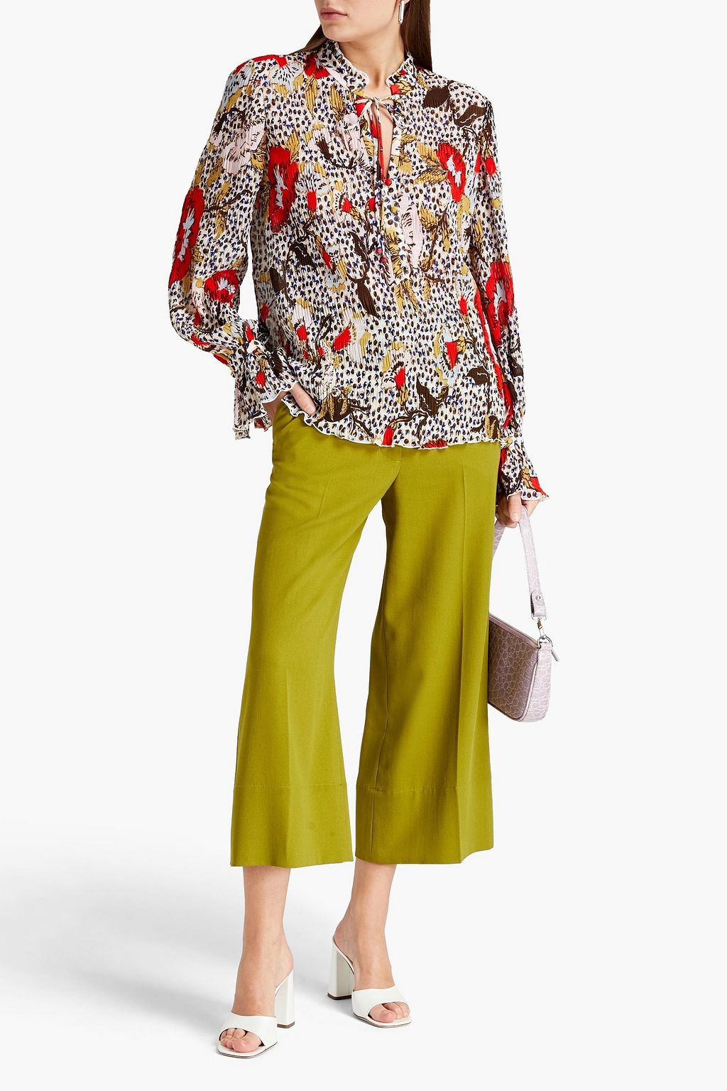 DIANE VON FURSTENBERG Elton 플로럴 프린트 플리세 시폰 블라우스