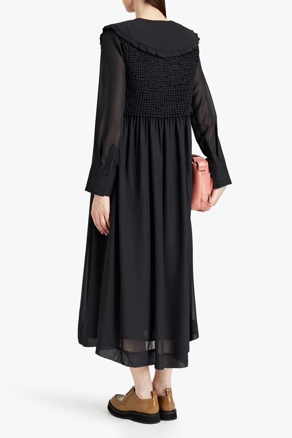 GANNI Shirred-paneled chiffon midi dress