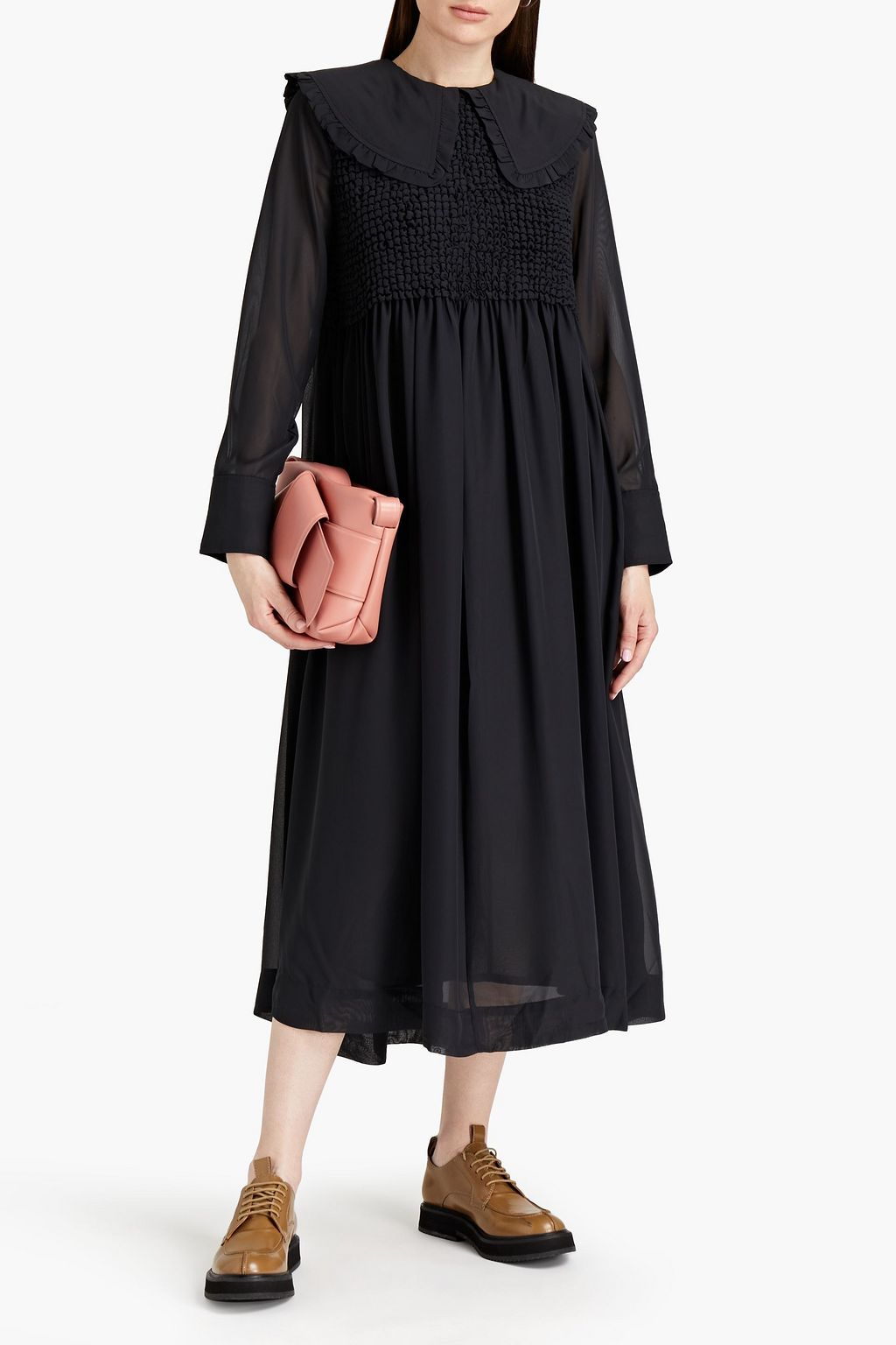 GANNI Shirred-paneled chiffon midi dress