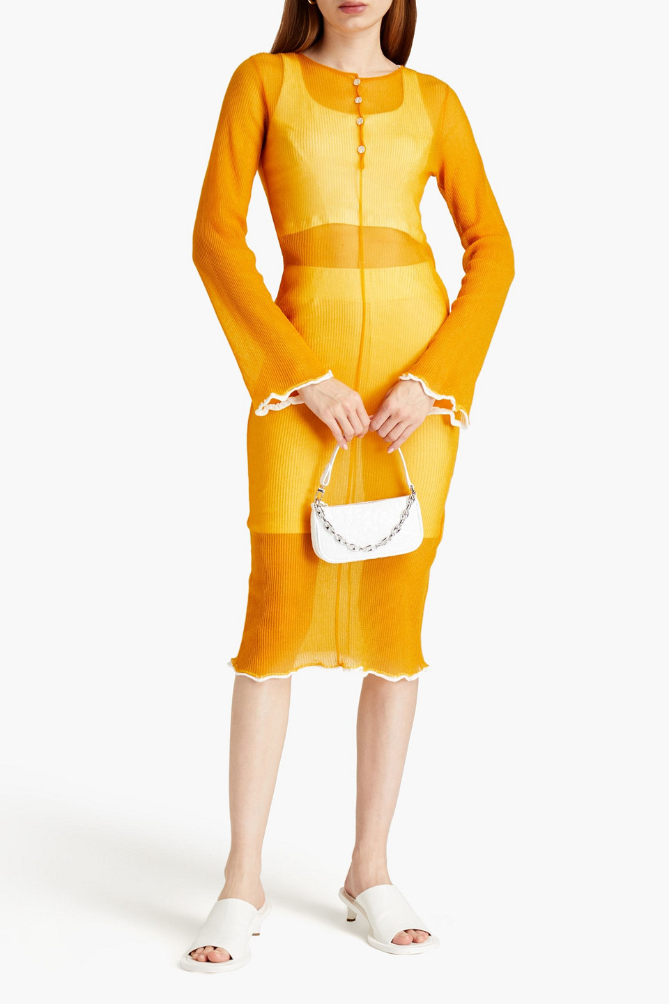 Acne Studios Metallic Ribbed Crochet-knit Midi Dress In Orange