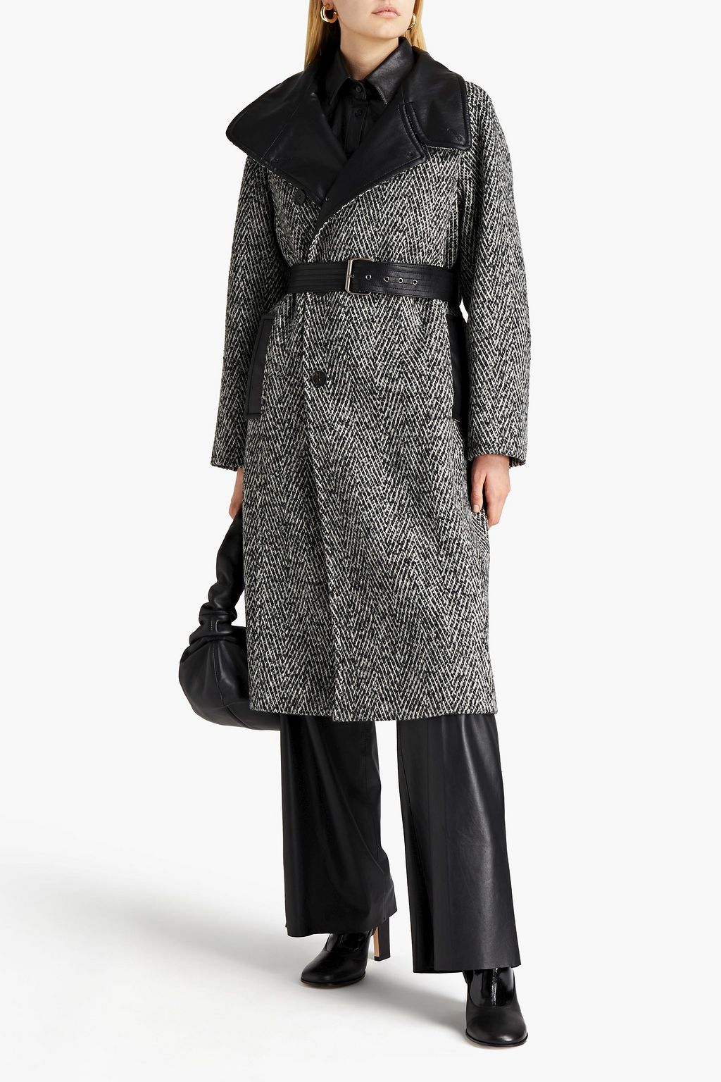 LVIR Belted herringbone wool-blend tweed coat