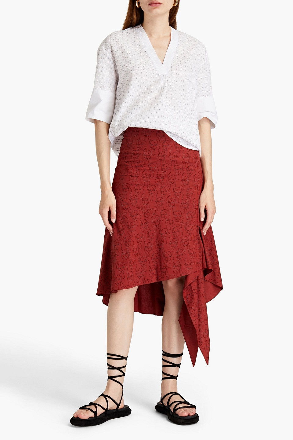 By Malene Birger Asymmetric Printed Cotton-poplin Midi Skirt In Red