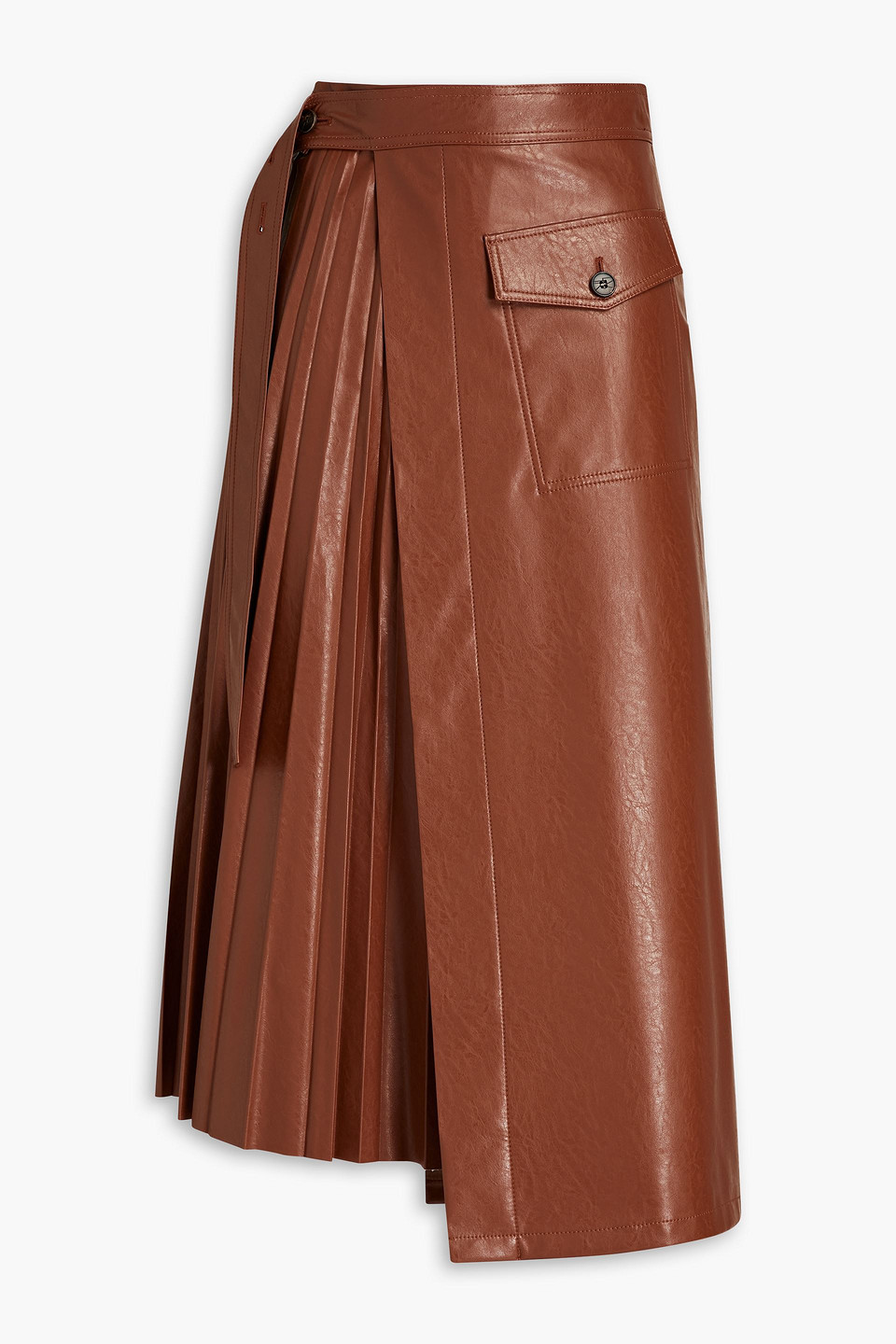 Lvir Wrap-effect Pleated-paneled Faux Leather Midi Skirt In Brown