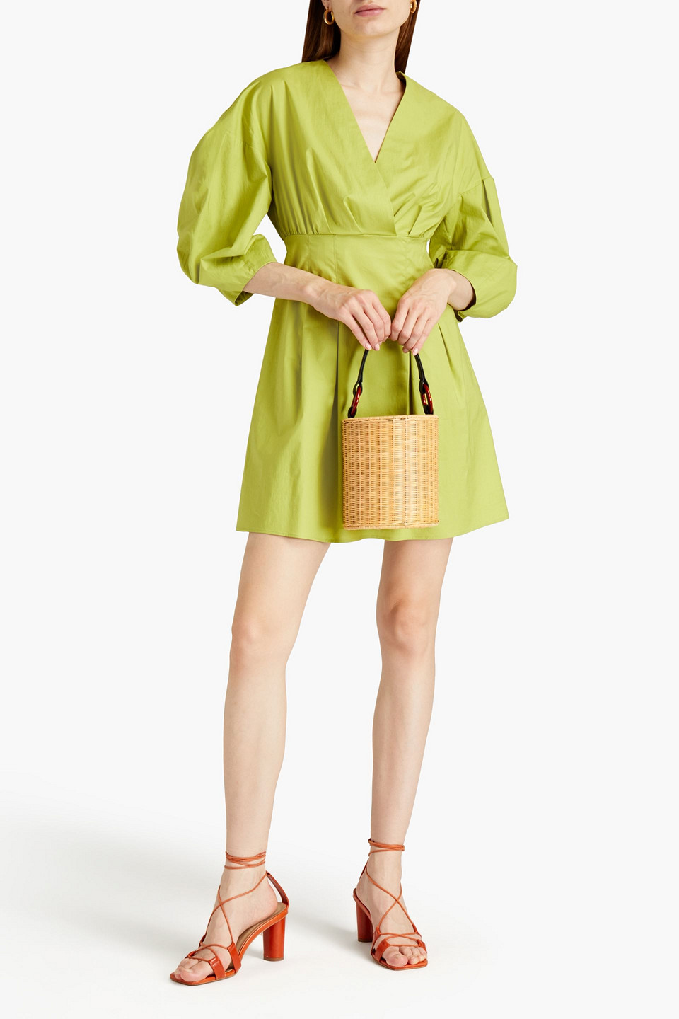 Ba&sh Broadway Wrap-effect Pleated Cotton-blend Poplin Mini Dress In Green