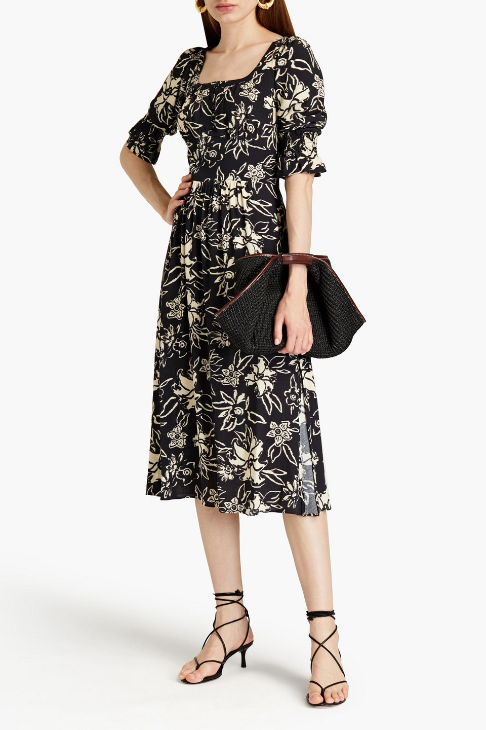 Ba&sh Shaya Gathered Floral-print Crepe Midi Dress In Black
