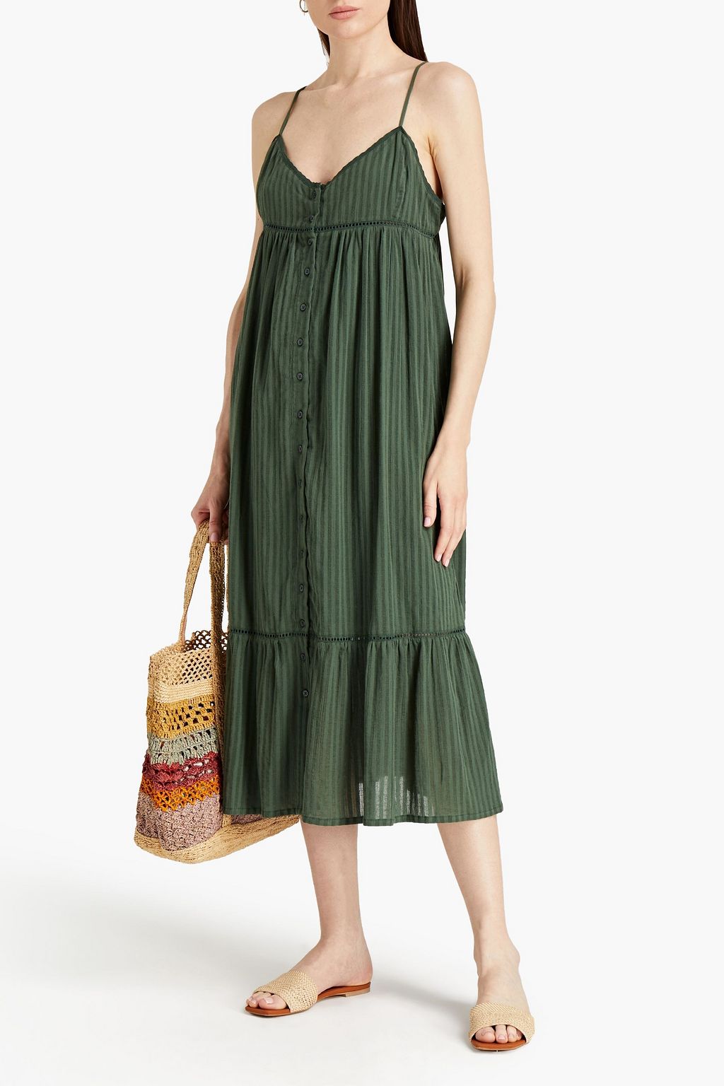 BA&SH Striped gathered latticetrimmed cottongauze midi dress THE