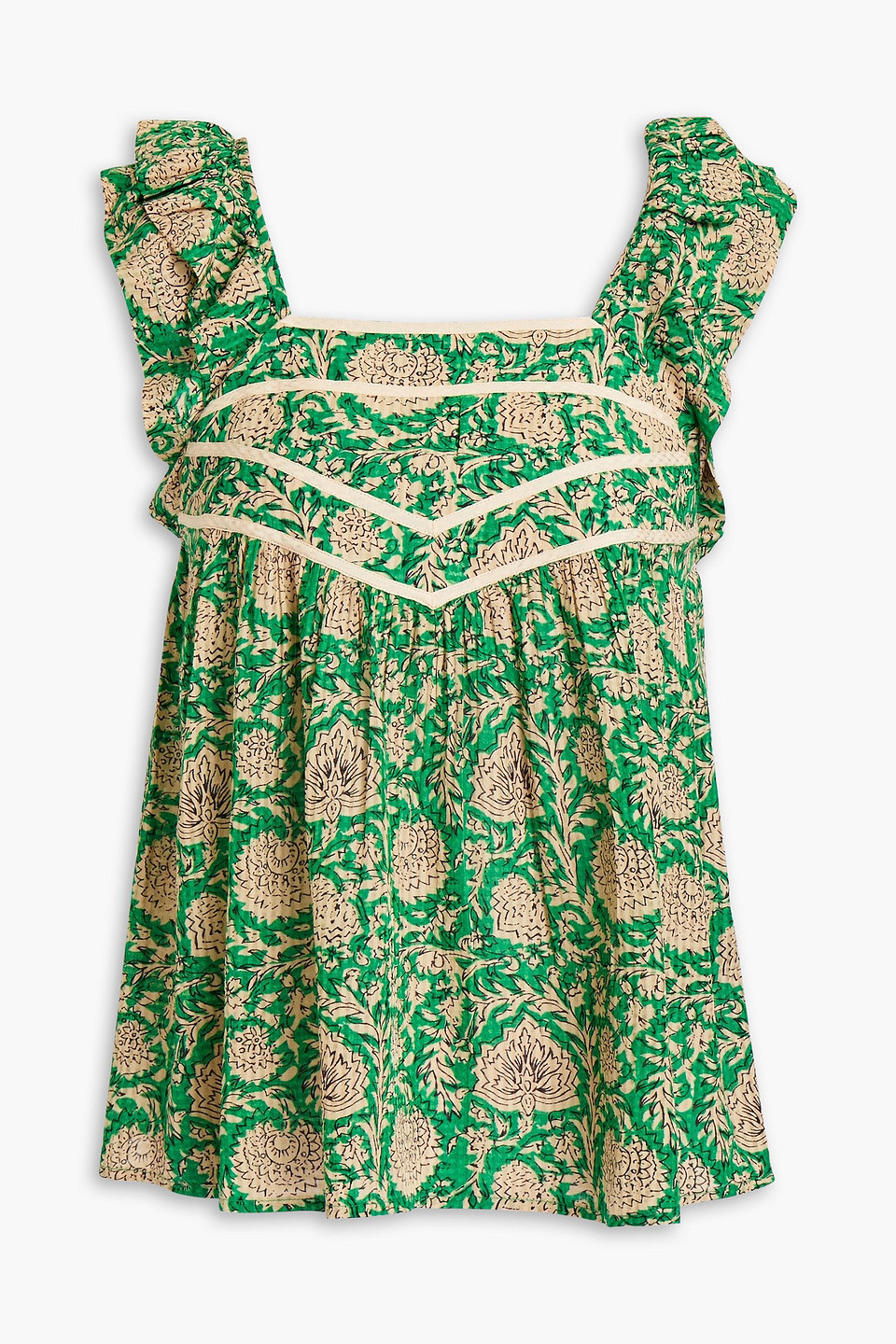 ba&sh - gathered ruffle-trimmed floral-print jacquard top - green - 1
