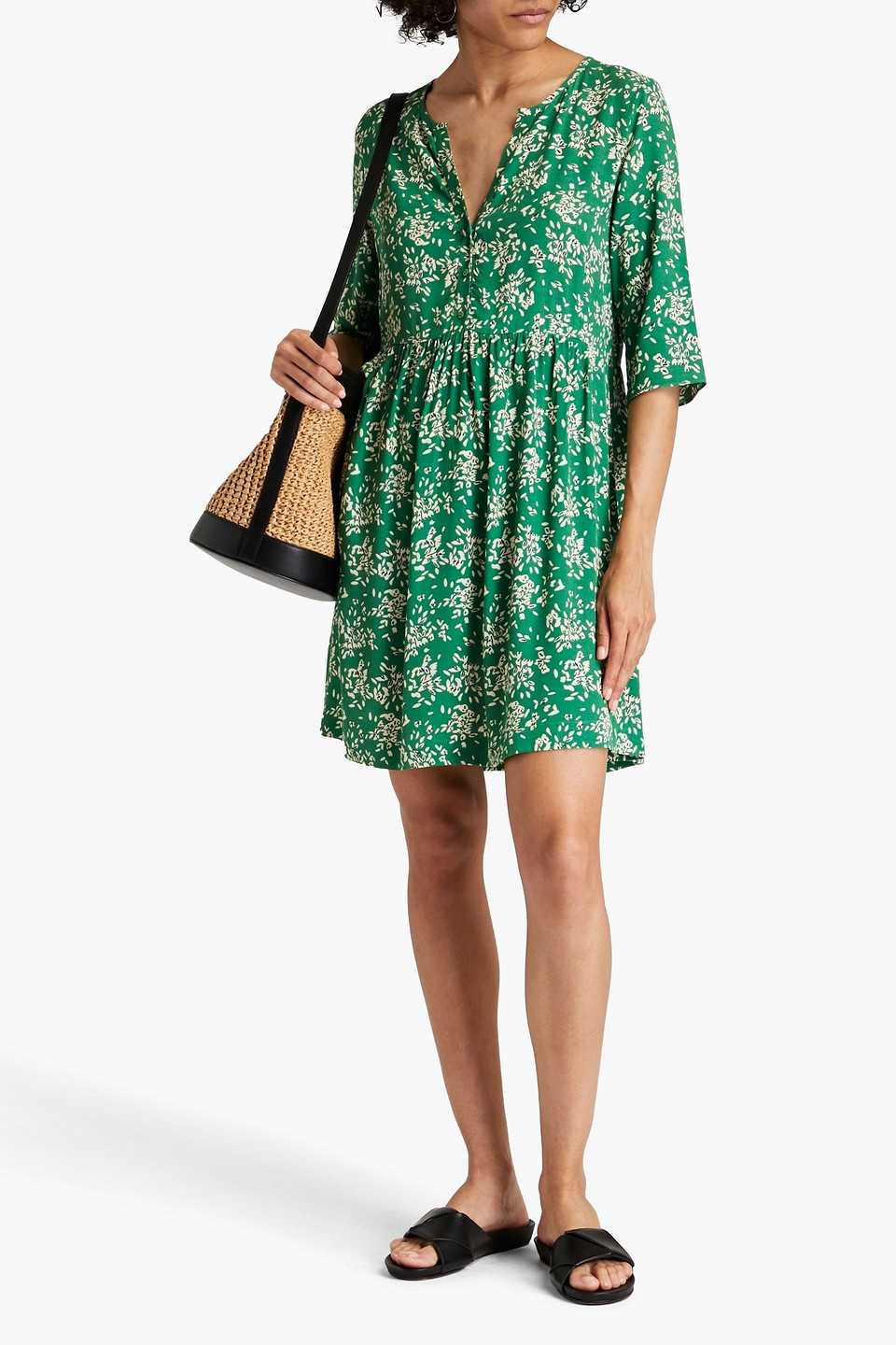 Ba&sh Vlada Gathered Floral-print Crepe Mini Dress In Green