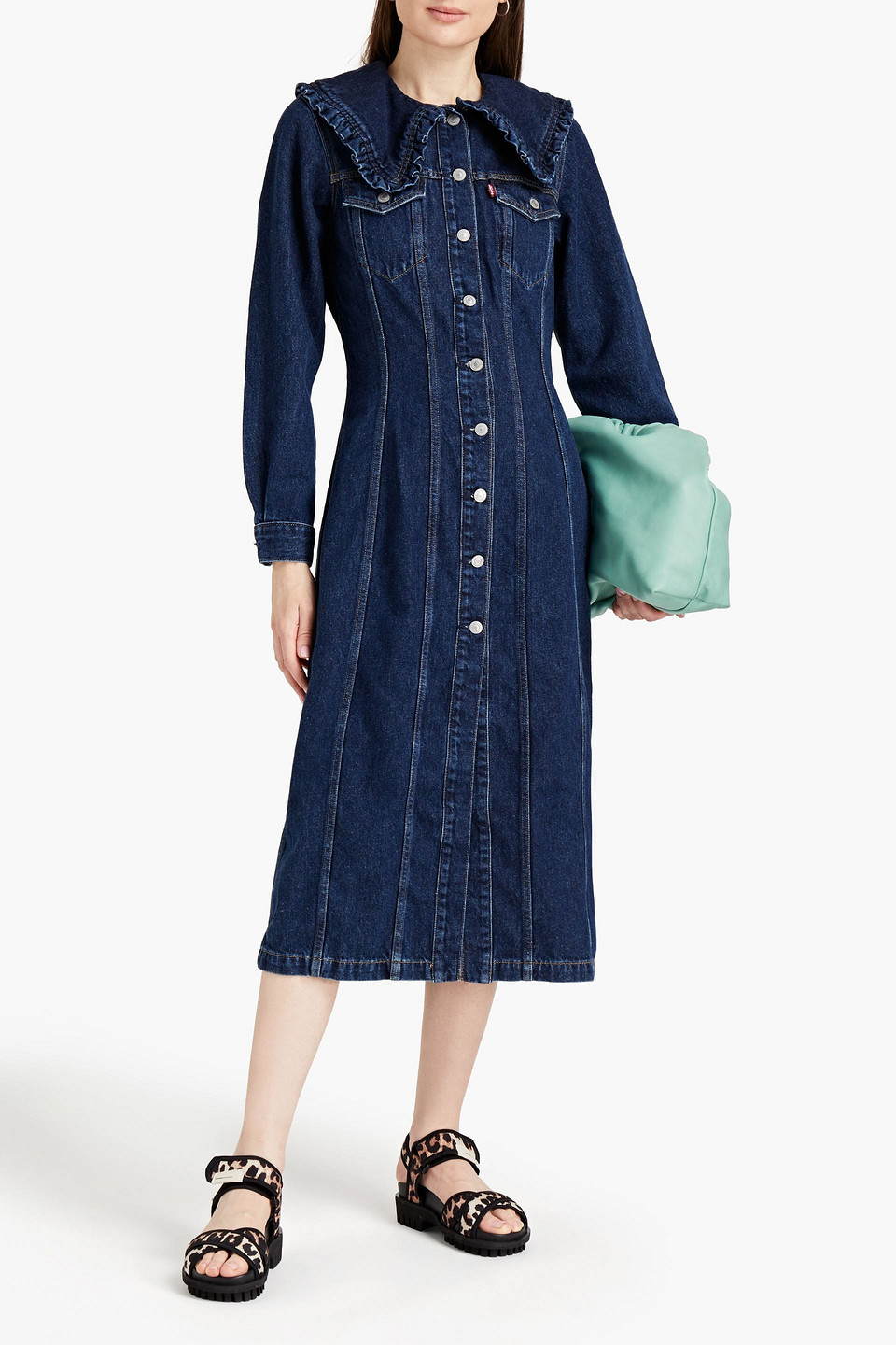 Ganni X Levi's Ruffle-trimmed Cotton And Hemp-blend Denim Shirt Dress In Dark Denim