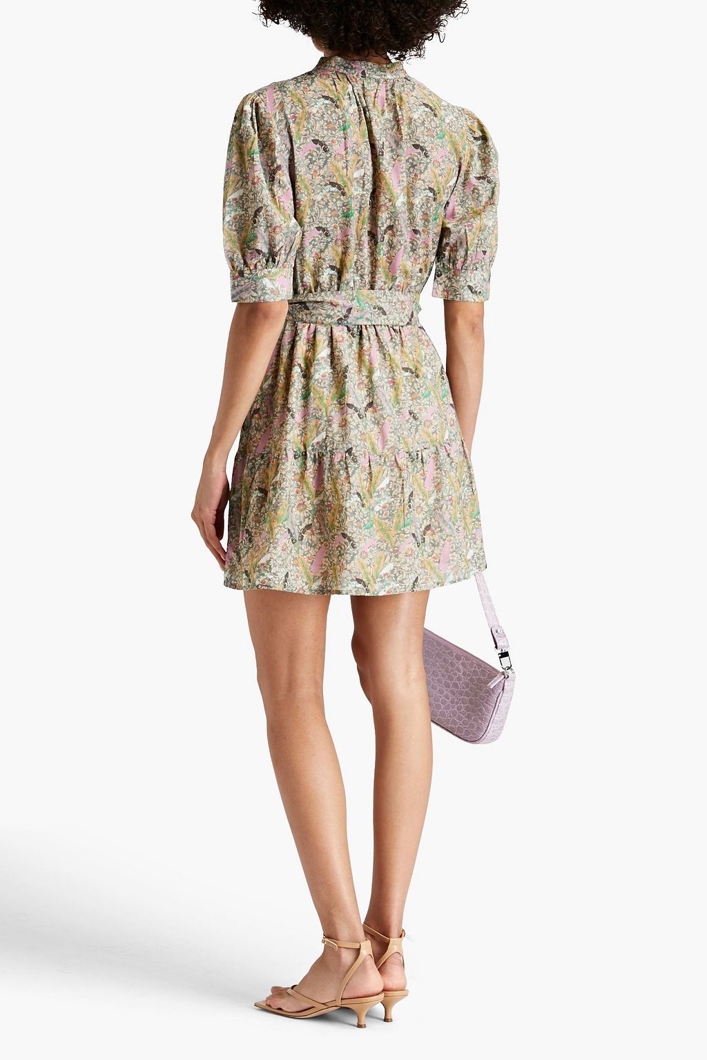 BA&SH Gerafftes Hemdkleid mit floralem Print und Bindedetail vorne