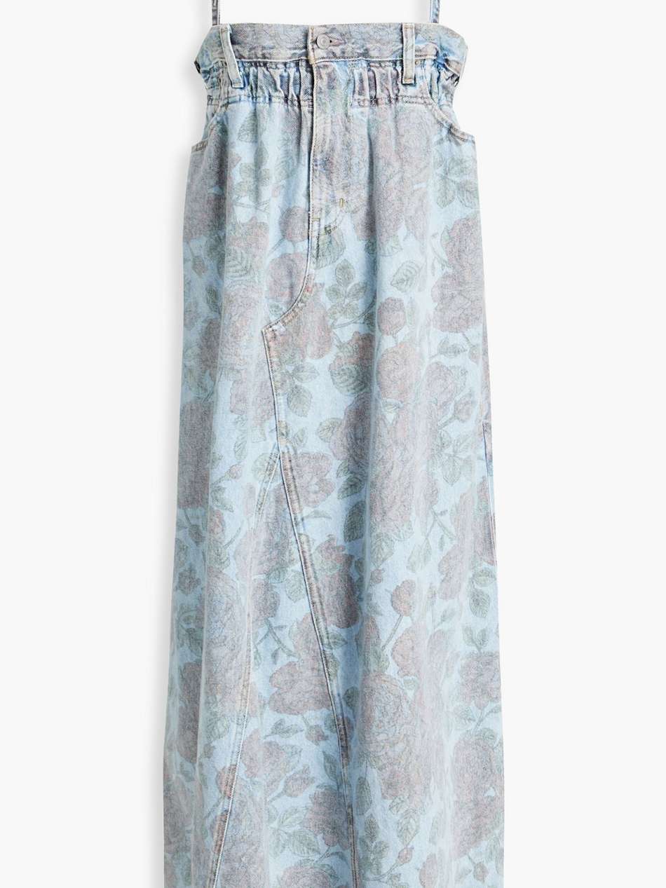 gathered floral-print denim midi dress