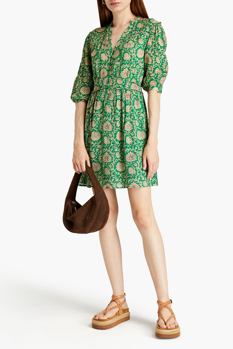 Ba&sh Paz Gathered Floral-print Jacquard Mini Dress In Green