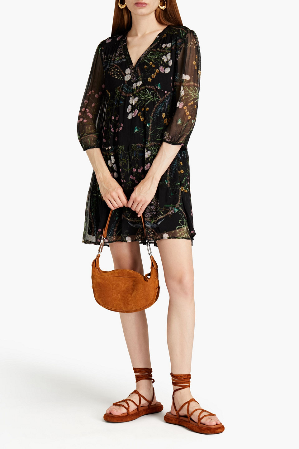Ba&sh Goya Gathered Floral-print Crepon Mini Dress In Black