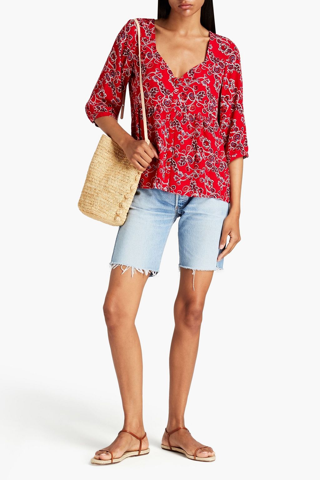 BA&SH Gathered floral-print crepe top