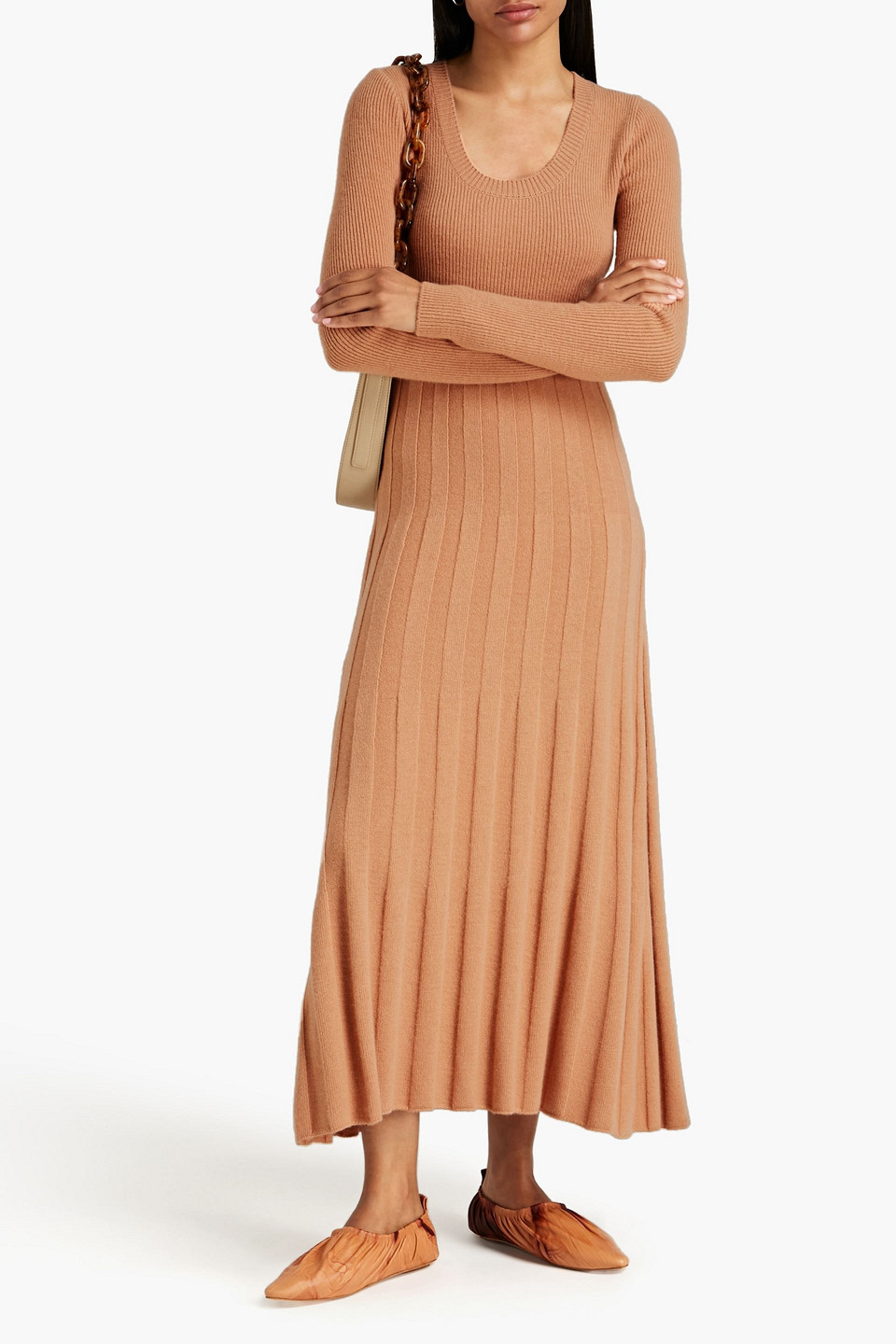 Lvir Pleated Wool-blend Maxi Dress In Peach