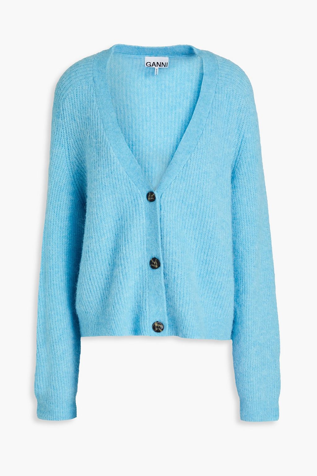 Turquoise Mélange ribbed-knit cardigan | GANNI | THE OUTNET