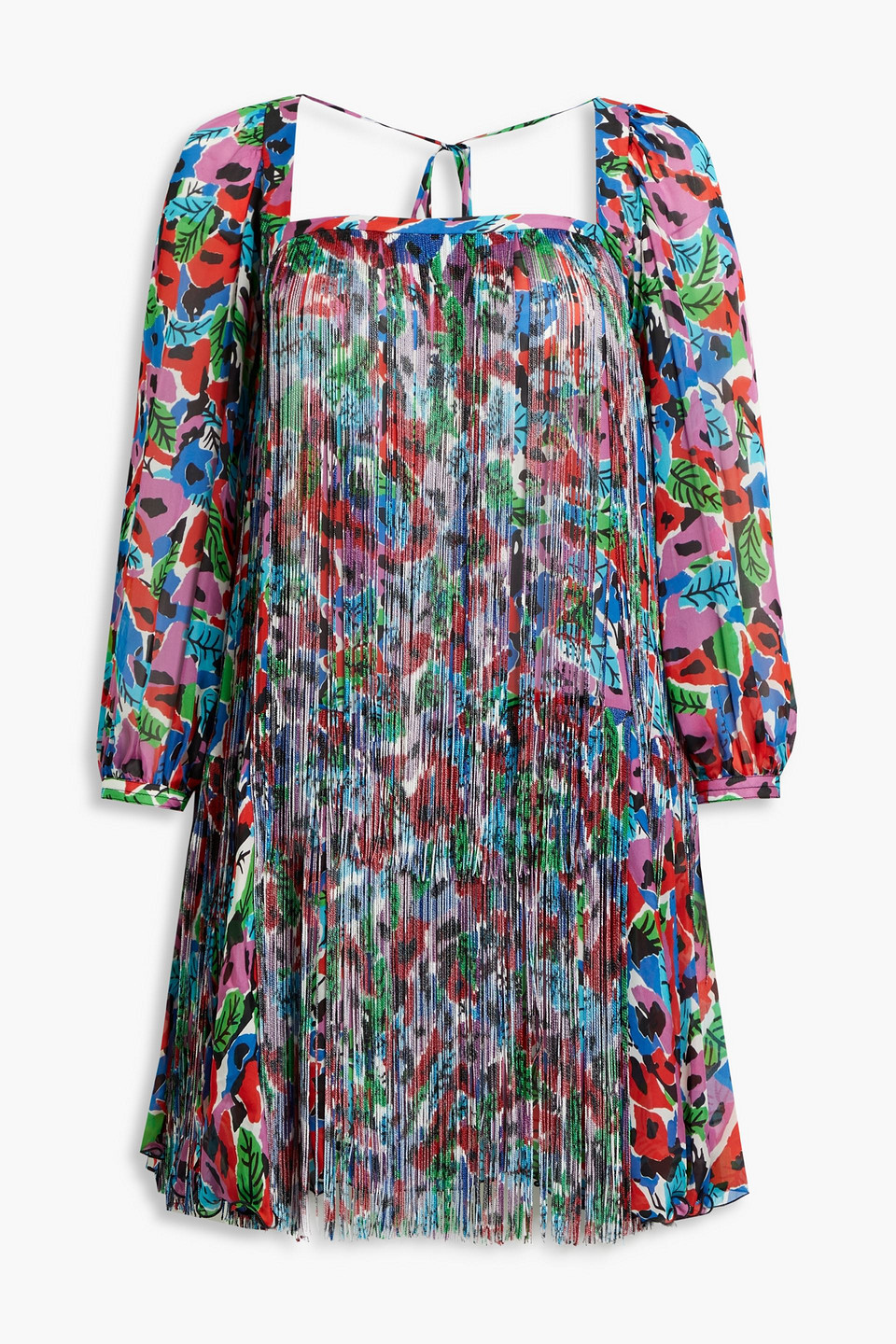 Fringed floral-print silk chiffon mini dress