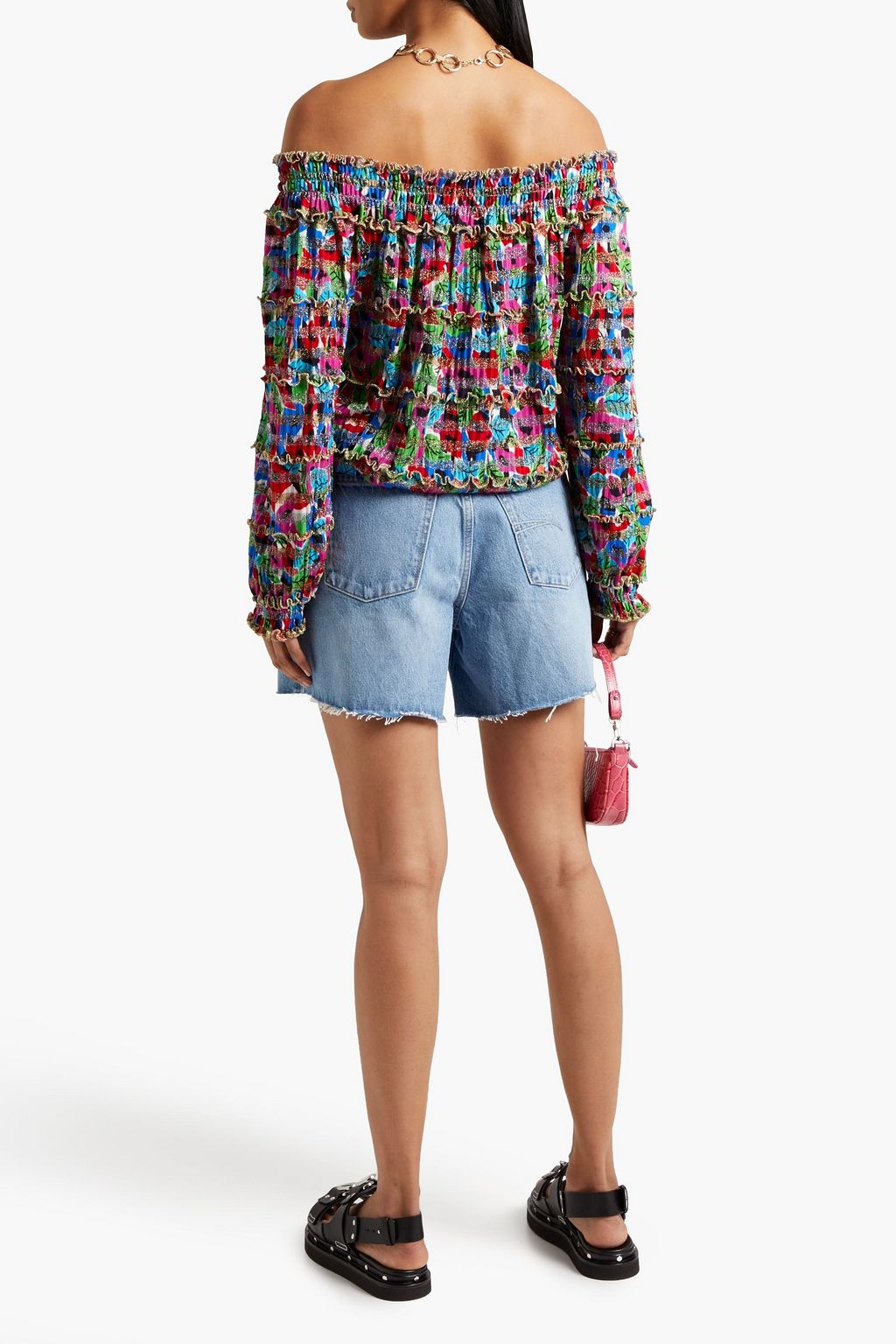 MISSONI Off-the-shoulder metallic ribbed crochet-knit top