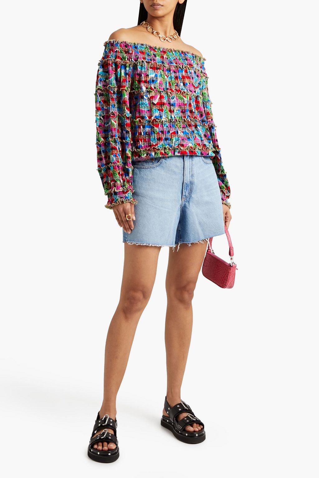 MISSONI Off-the-shoulder metallic ribbed crochet-knit top